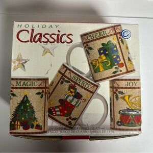 SIGNATURE HOUSEWARES MUGS UNDER THE TREE CHRISTMAS HOLIDAYS VINTAGE SET 4 W/BOX